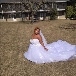 David’s Bridal Elegant White Strapless Wedding Dress with Veil